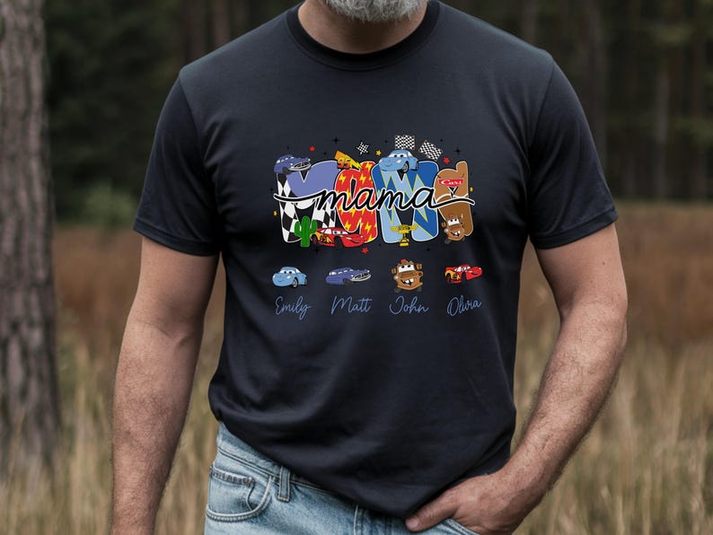 Camiseta Cars Mama personalizada con nombres de mamá e hijos, camiseta Disney Cars Lightning McQueen, regalo Black
