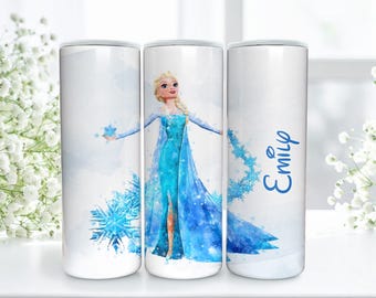 Copo térmico personalizado da Elsa | Nome personalizado | Floco de neve da Rainha Frozen | Presente Disney para meninas | Copo térmico de 590ml