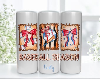 Personalized Baseball Season Tumbler with Coquette Bow - Custom Name Game Day Gift for Mom