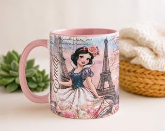 Caneca Branca de Neve Paris Personalizada com Torre Eiffel 325ml (11oz) - Caneca Vintage Princesa para Café - Presente