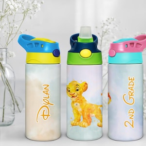 Simba Water Bottle With Personalized Name and Grade, 12oz Stainless Steel Flip Top