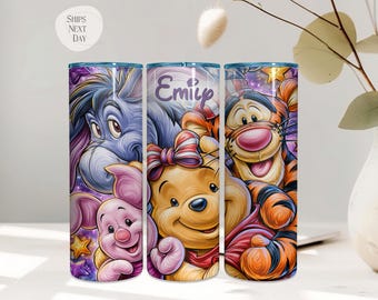 Copo térmico personalizado com os amigos do Ursinho Pooh | Copo térmico fino de 590ml