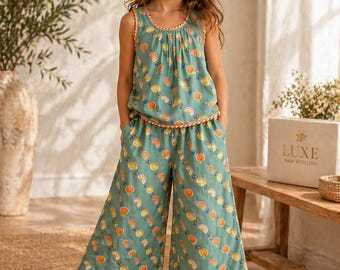 Outfitset met citrusprint voor meisjes, zomerbroek met wijde pijpen, casual Eid-kleding