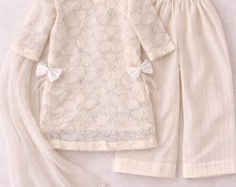 Dziewczęcy kremowy, kwiatowy, organza, 3-częściowy strój na Eid | Zestaw sukienek imprezowych