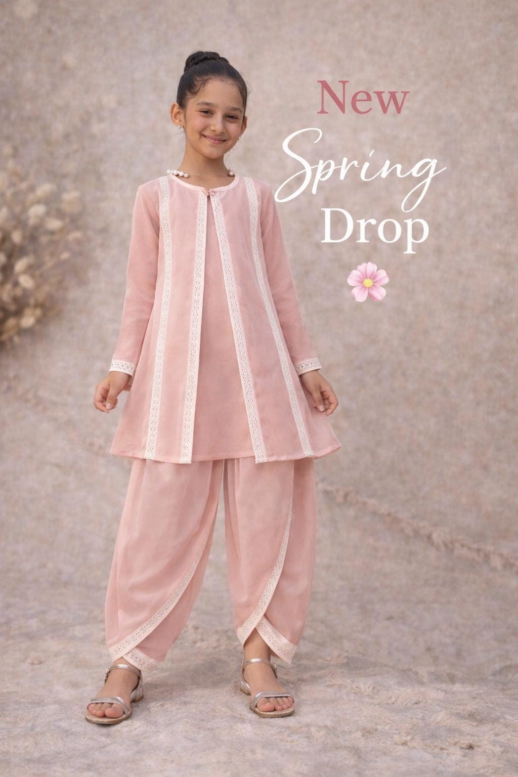 Girls' Blush Pink Kurta Tulip Pant Set - Lightweight Eid Outfit