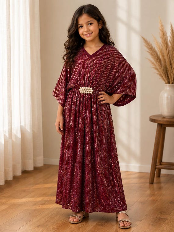 burgundy eid dress Sequin Kaftan Set for Girls – 2 Piece Modest Outfit | Sparkle Party | Size 8-9 Years bride dress plus size Bridesmaid Dress Fabric Guide: Size:14_XXXL Allow a slight variance