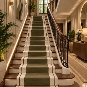 May include: A grand staircase featuring dark wood steps and a central olive green runner with cream stripes, secured by brass stair rods. The staircase includes a black metal railing with a wooden handrail, illuminated by integrated LED lighting.