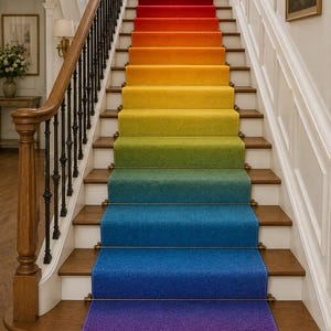 May include: A staircase featuring a vibrant rainbow-colored carpet runner that transitions from red at the top to purple at the bottom. The runner is secured to the wooden steps with metallic rods and brackets, framed by white walls and a wooden railing.