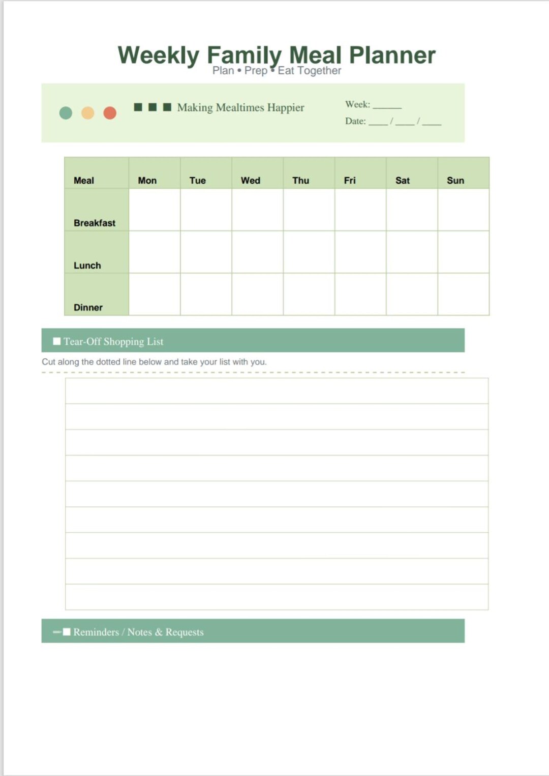 Weekly Family Meal Planner Printable | Tear-off Shopping List | Family ...