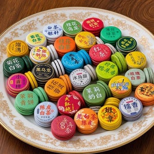 May include: A collection of round, colorful tea cakes stacked on a white plate with a gold rim. Each cake features unique Chinese characters and patterns in various colors including red, green, yellow, orange, blue, and white.