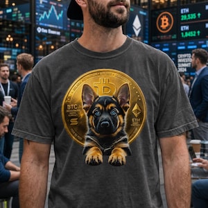 May include: A charcoal grey t-shirt featuring a large graphic of a German Shepherd puppy with bright blue eyes centred in front of a gold Bitcoin coin. The coin includes text such as BTC, ETH, SOLANA, BITCOIN, BLOCKCHAIN, and PEER TO PEER.