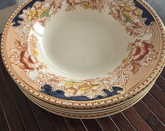 Juego de 7 platos hondos vintage Balmoral Derby de 20 cm (8 pulgadas) – Thomas Hughes & Son, Inglaterra, oro de 24 quilates