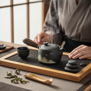 Peut inclure: Une théière en céramique noire avec une poignée en bois et un motif de paysage, accompagnée d'une tasse assortie, d'une cuillère en bois et d'un plateau en bambou. De la vapeur s'élève de la théière.