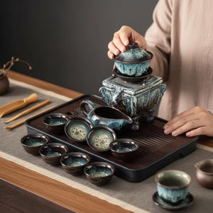 Puede incluir: Un juego de té de cerámica con una bandeja de madera oscura. El juego incluye una tetera, varias tazas pequeñas y un recipiente decorativo. Las piezas de cerámica tienen un esmalte azul y marrón. El juego está diseñado para servir té.