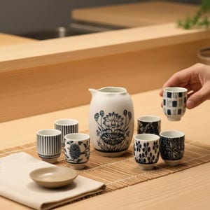 Puede incluir: Un juego de sake de cerámica blanca con una jarra y varias tazas pequeñas, cada una adornada con patrones azules y blancos. El juego incluye un plato pequeño y redondo y está dispuesto sobre una esterilla de bambú.