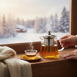 May include: A glass teapot with a stainless steel infuser and a cup of tea on a wooden saucer. Steam rises from the tea, and a cosy white blanket rests on the windowsill. The background shows a snowy winter landscape.