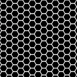 May include: A seamless pattern of black and white honeycomb shapes. The repeating hexagonal cells create a geometric design, with white outlines defining each cell against a solid black background. This pattern is suitable for various design applications.