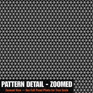 Puede incluir: Un patrón geométrico en blanco y negro que consiste en una cuadrícula repetitiva de triángulos equiláteros. La sección inferior presenta el texto blanco PATTERN DETAIL - ZOOMED seguido del texto naranja Zoomed View - See Full Panel Photo for True Scale.