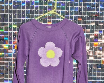 Vintage Purple Raglan Sweatshirt, tufted flower, handmade gift, handcrafted, cozy sweatshirt