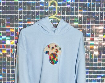 Tufted Blue Hoodie, Handmade gift, unique gift, mushroom, happy face, flower, yin-yang, cozy sweatshirt, oversized sweatshirt