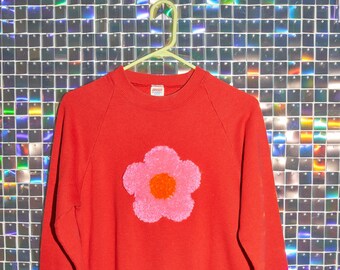 Tufted Vintage Raglan Crewneck Sweatshirt, tomato red, pink flower, handmade gift, cozy sweatshirt, oversized sweatshirt