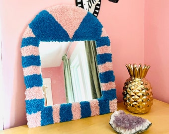 Tufted arc mirror, Art Deco, blue, pink, stripes, checker, gifts for women, wall art, wall hanging, bathroom mirror