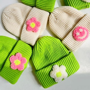 Lime Green Tufted Beanie, knit hat, winter hat, stocking stuffer, gift for her, gift, present, happy face, flower image 1