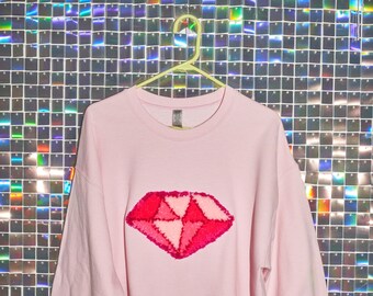 Tufted Pink Crewneck Sweatshirt, tufted diamond, handmade gift for a girl, cozy sweatshirt, oversized sweatshirt