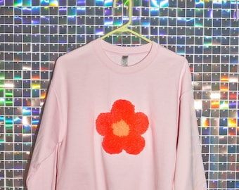 Tufted Pink Crewneck Sweatshirt, red flower, handmade gift for a girl, cozy sweatshirt, oversized sweatshirt