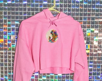 Tufted Cropped Pink Hoodie, handmade gift, unique gift, yin-yang, sad face, mushroom