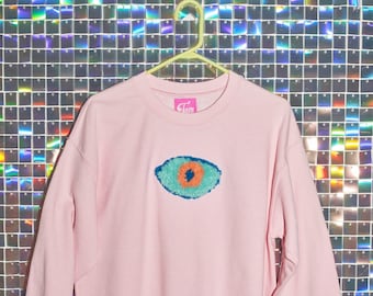 Tufted Pink Crewneck Sweatshirt Evil Eye, handmade gift, witchy, spooky, cozy sweatshirt, oversized sweatshirt