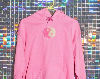 Pink Tufted Hoodie, yin-yang, mushroom, handmade gift, unique gift, cozy sweatshirt, oversized hoodie