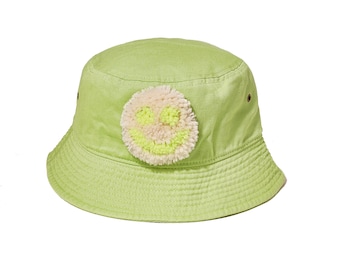 Lime green bucket hat, tufted happy face, smiley face, present, gift, handmade