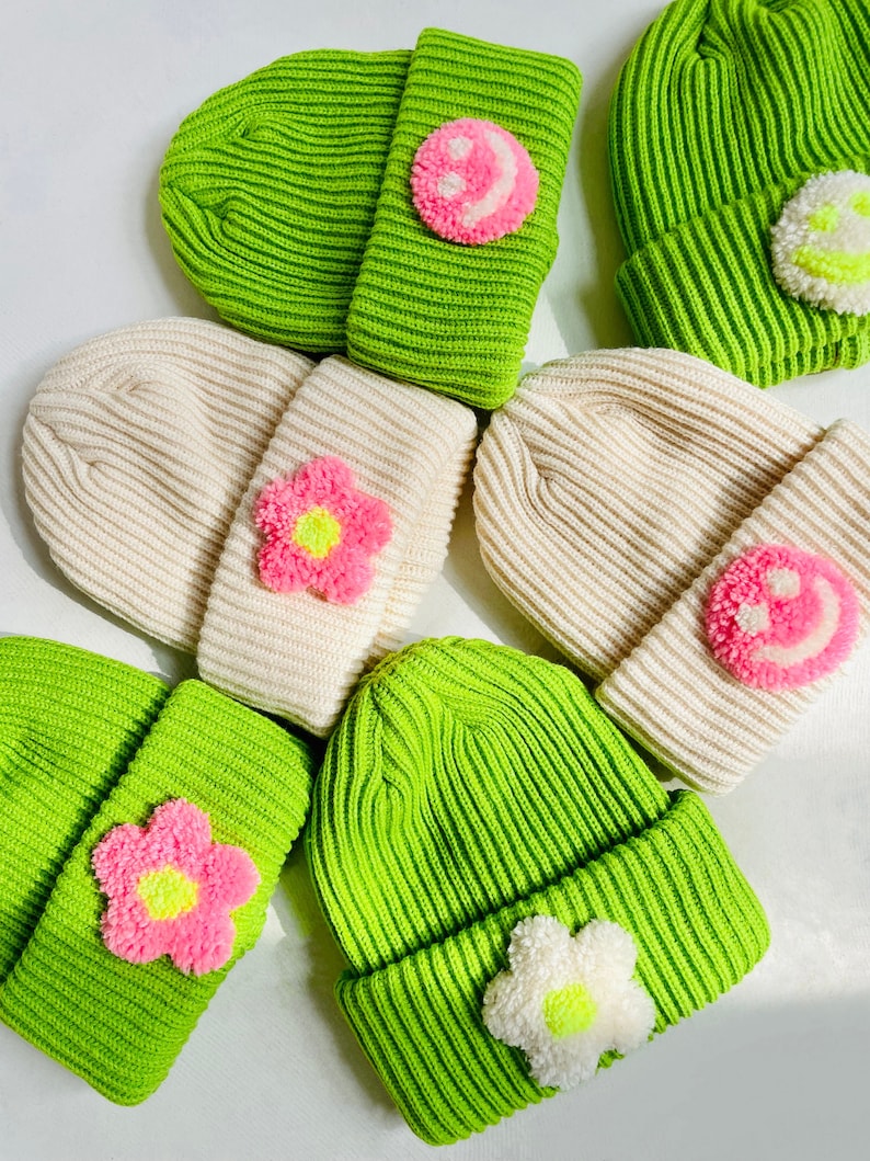 Lime Green Tufted Beanie, knit hat, winter hat, stocking stuffer, gift for her, gift, present, happy face, flower image 1