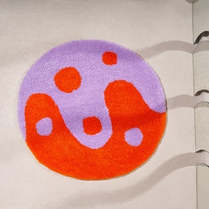 Lavender and orange tufted accent rug. Modern yin yang dot design, modern art carpet, bright, colorful, unique gift image 2