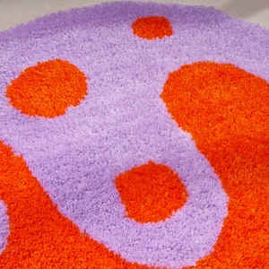 Lavender and orange tufted accent rug. Modern yin yang dot design, modern art carpet, bright, colorful, unique gift image 3