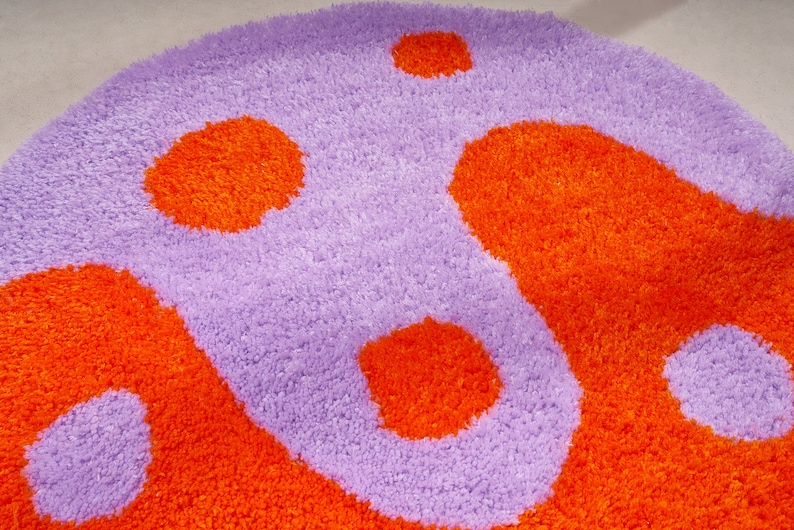 Lavender and orange tufted accent rug. Modern yin yang dot design, modern art carpet, bright, colorful, unique gift image 3