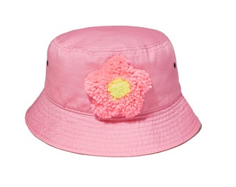 Pink Flower Bucket Hat, handmade, tufted flower, cute gift, gift for a girl, gift for a guy