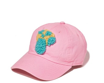 Pink Tufted Mushroom Dad Hat, cap, teal, yin-yang, happy face, neon, gift, present