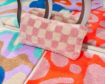 Blush Rosa y Blanco a cuadros Mano Tufted Almohada Lumbar - avant basic, pasteles, decoración del hogar, almohada de tiro, regalo