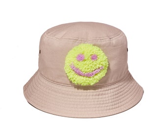 Happy Face Bucket Hat, Tufted Patch, beige, khaki, neon, yellow, Smiley Face, Gift for a guy, Gift for a girl