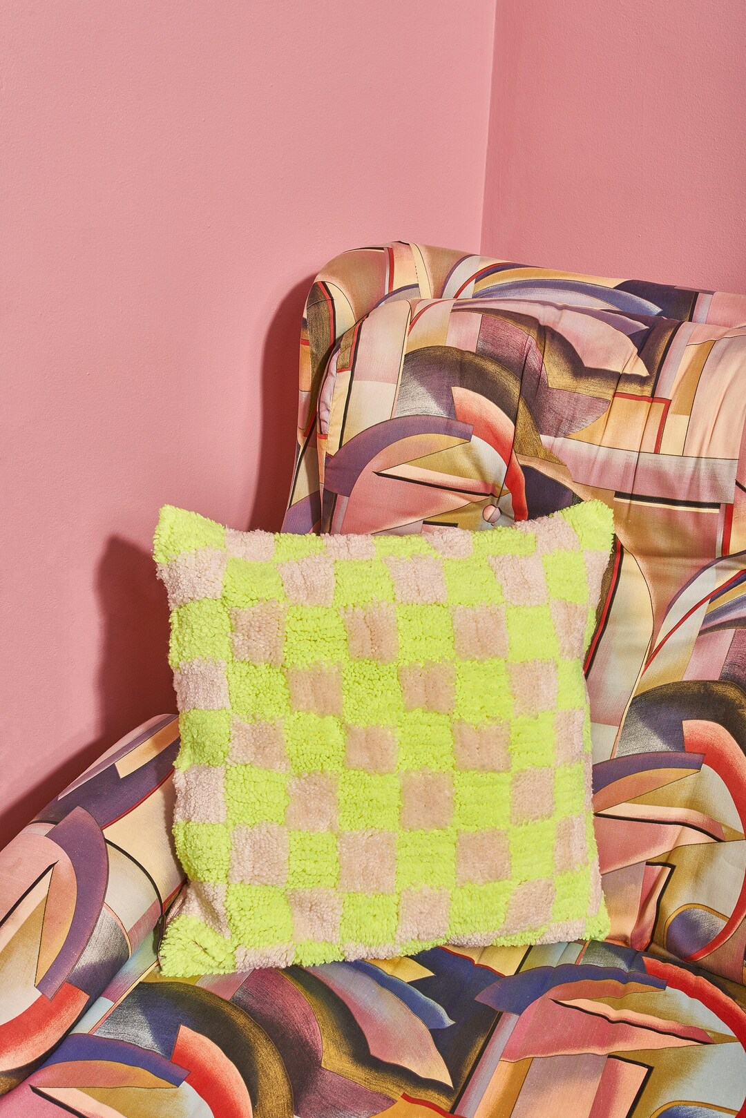 Neon Check Tufted Pillow, Gift for a Girl, Gift for a Guy, Present