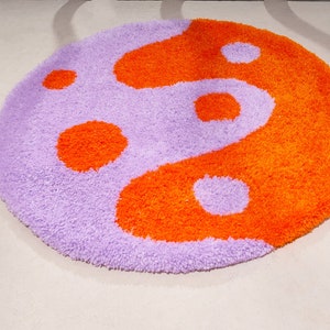 Lavender and orange tufted accent rug. Modern yin yang dot design, modern art carpet, bright, colorful, unique gift image 4