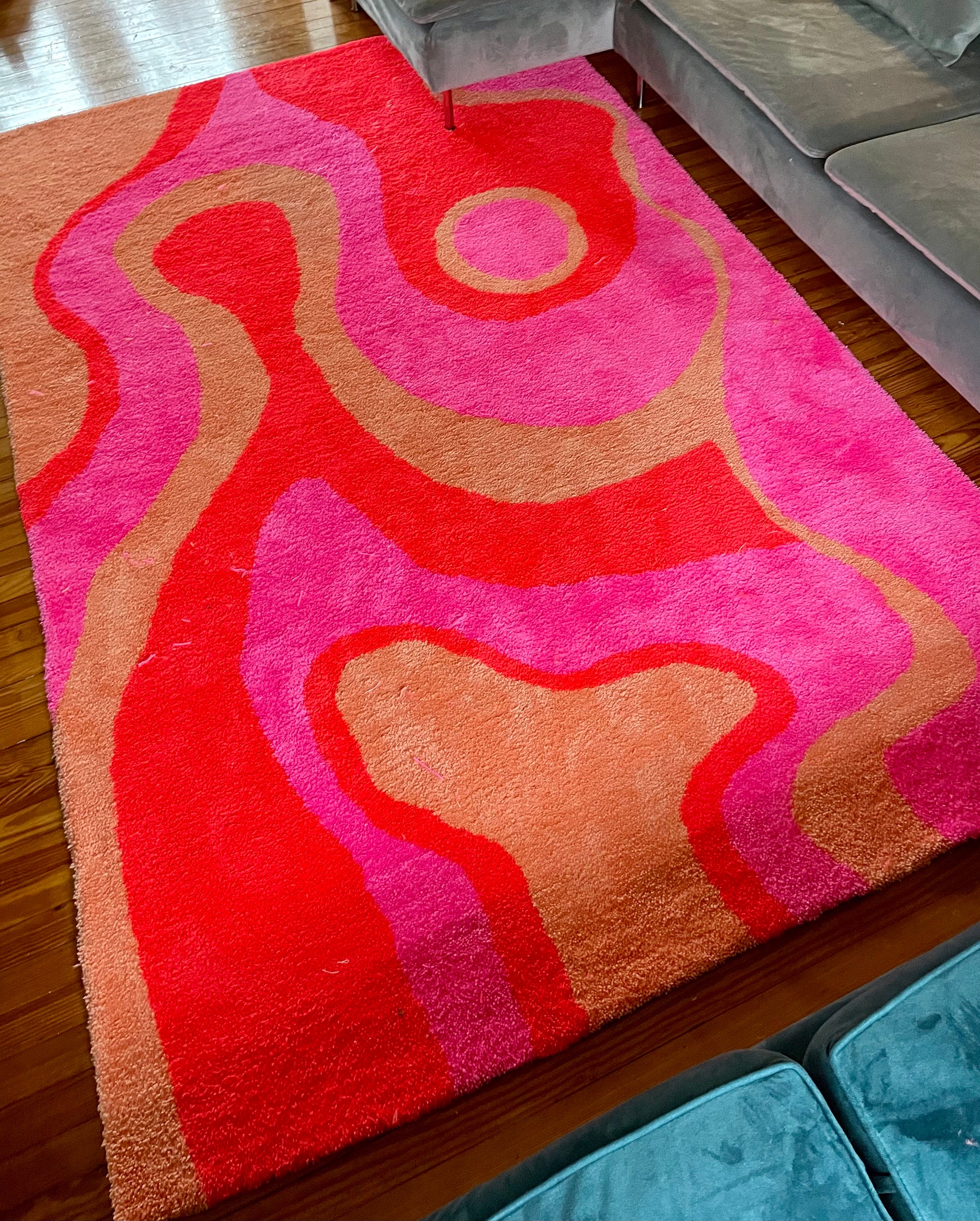 Hand Tufted Area Rug. Pink and Orange Swirl Design, Modern Art, Floor