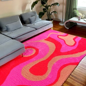 Hand tufted area rug. Pink and orange swirl design, modern art, floor art, home decor, wall mural