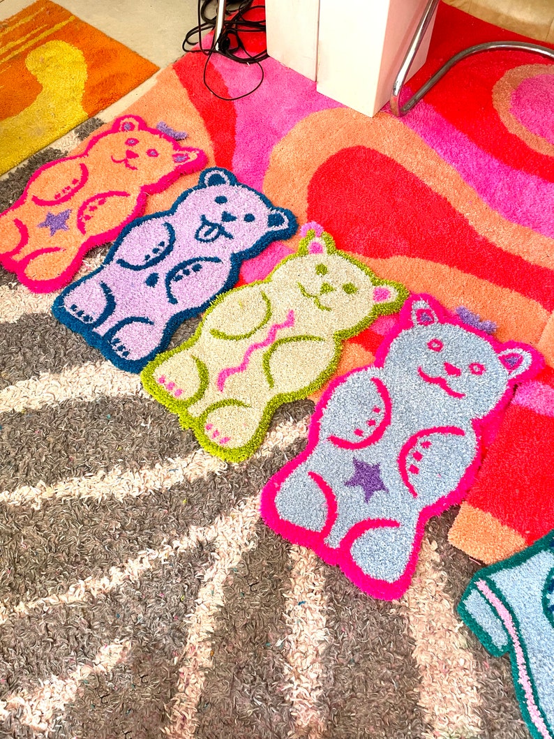 Fuzzy Bear Rug, accent rug, gift for a guy, gift for a girl, white, green, pink, gummy bear image 4