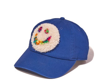 Blue Tufted Dad Hat, cap, cobalt, happy face, yin-yang, present, gift