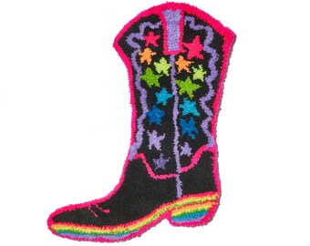 Rainbow star cowgirl boot tufted rug, wall hanging, wall art, black, neon