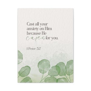 1 Pedro 5:7 Cuadro con versículo bíblico / Decoración de pared con acuarela y motivos vegetales imagen 2