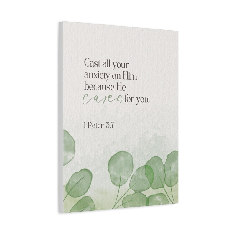1 Pedro 5:7 Cuadro con versículo bíblico / Decoración de pared con acuarela y motivos vegetales imagen 6
